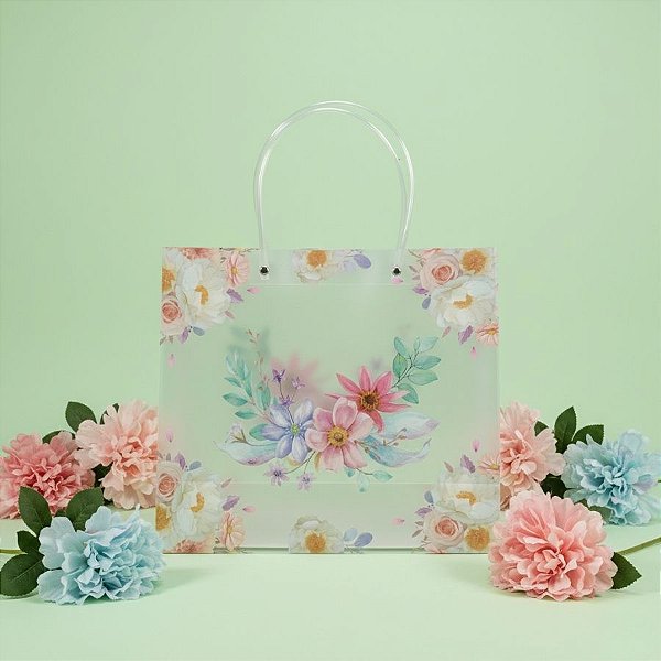 Sacola de Plástico Transparente Fosca - Floral - Rosa,Roxo e Branco - 30x12x26cm - 1 unidade - Rizzo