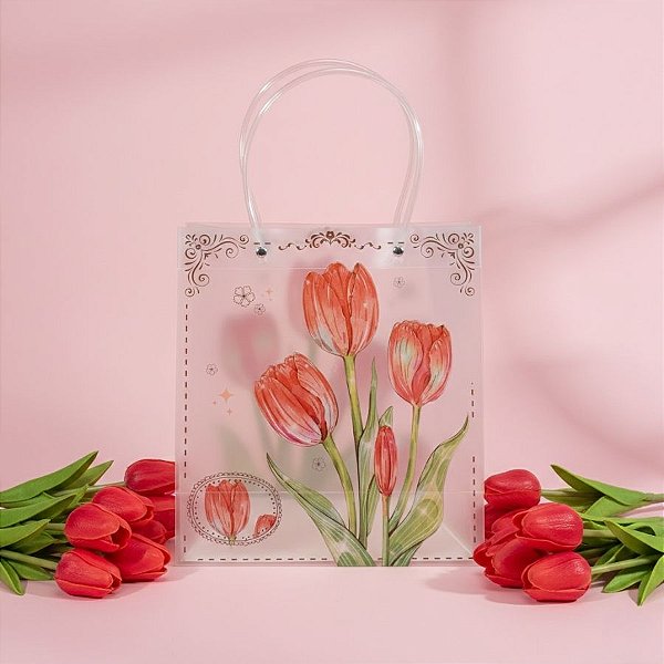 Sacola de Plástico Transparente Fosca - Floral - Tulipas - 22x10x24cm - 1 unidade - Rizzo