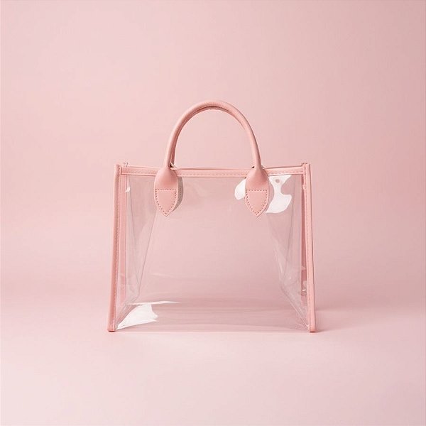 Sacola Transparente PVC com Alça de Couro Rosa - 28x14x23cm - 1 unidade - Rizzo