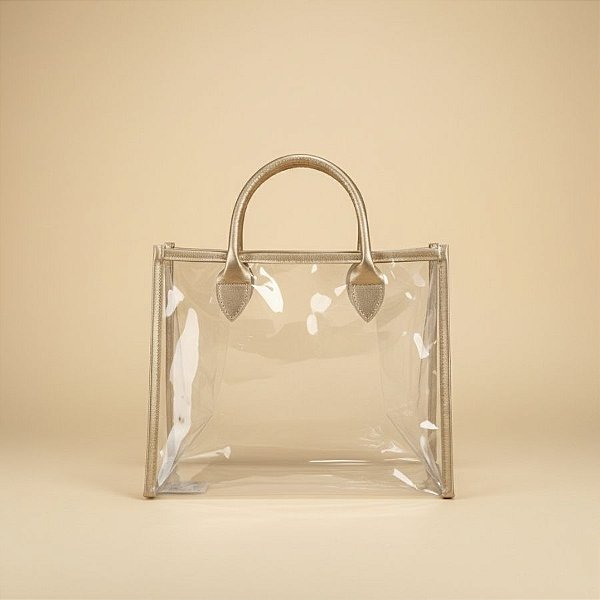 Sacola Transparente PVC com Alça de Couro Dourado - 28x14x23cm - 1 unidade - Rizzo