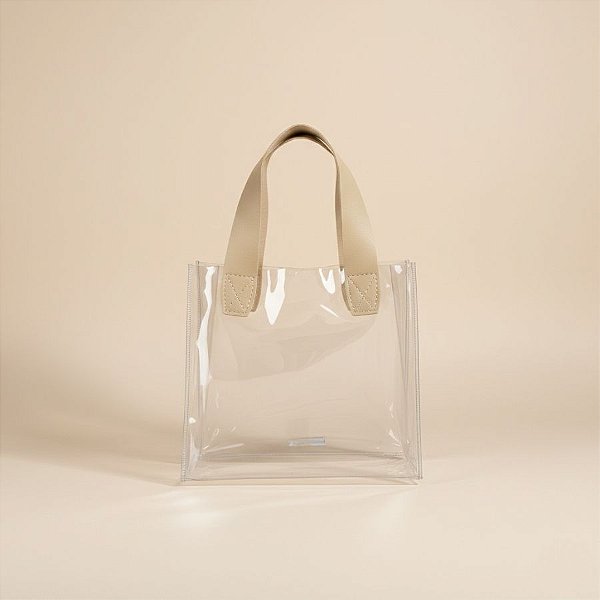 Sacola Transparente PVC com Alça de Couro Bege - 20x10x18cm - 1 unidade - Rizzo