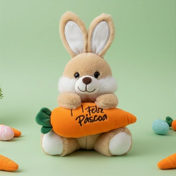 Coelho de Pelúcia Bege - Cenoura "Feliz Páscoa" - 20,5cm - 1 unidade - Rizzo