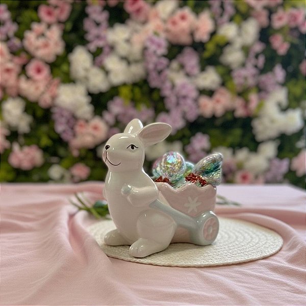 Enfeite Decorativo de Páscoa em Porcelana - Coelho com Carrinho - 13cm - 1 unidade - Rizzo