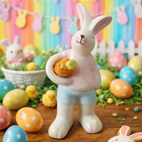 Enfeite Decorativo de Páscoa em Porcelana - Coelho com Cenoura - 14,5cm - 1 unidade - Rizzo