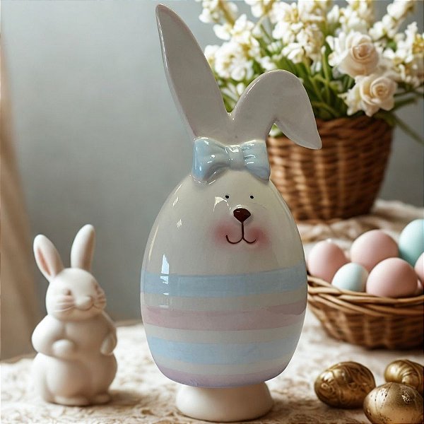 Enfeite Decorativo De Páscoa de Porcelana - Ovo com Orelhinha - Candy Color - 14,5cm - 1 unidade - Rizzo