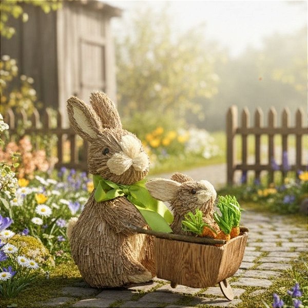Coelho da Páscoa Rústico Decorativo - Carrinho de Mão - 22,5cm - 1 unidade - Rizzo