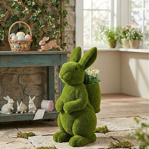 Coelho Decorativo de Grama - Com Cesta - 30cm - 1 unidade - Cromus - Rizzo