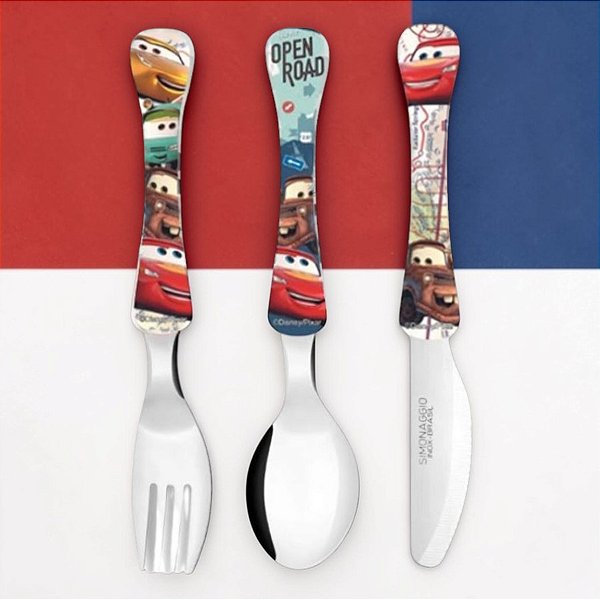 Kit Colher, Faca e Garfo Infantil - Carros - 1 unidade - Disney Original - Rizzo