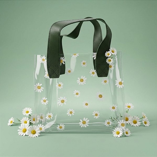 Sacola Transparente PVC com Alça de Couro Verde Musgo - Margarida - 18x20x10cm - 1 unidade - Rizzo