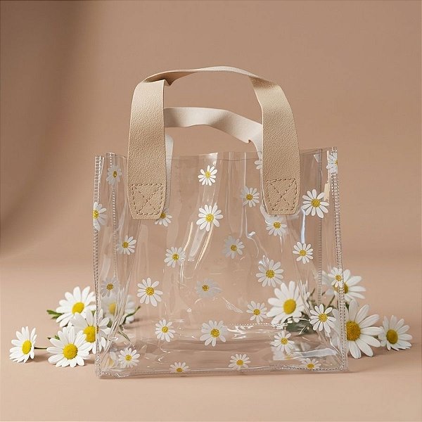 Sacola Transparente PVC com Alça de Couro Bege - Margarida - 18x20x10cm - 1 unidade - Rizzo