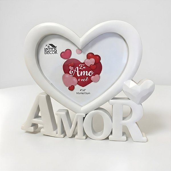 Porta Retrato Amor com Moldura de Coração - Branco - Eu Amo Você - 10x15cm - 1 unidade - Rizzo