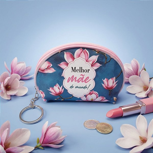 Chaveiro Bolsinha Porta Moedas - Azul Escuro e Rosa - Melhor Mãe do Mundo - 11x7x3cm - 1 unidade - Rizzo