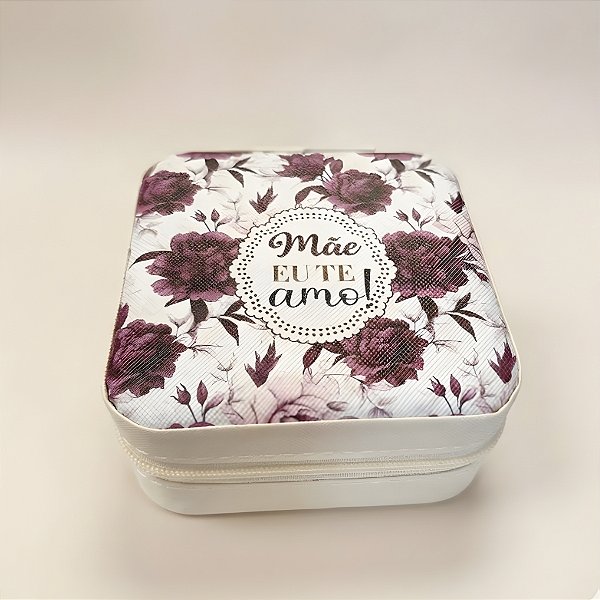 Mini Porta Jóias Portátil - Branco - Mãe Eu Te Amo - 9,5x4,5x9,5cm - 1 unidade - Rizzo
