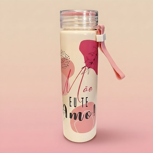 Garrafa Decorada - Rosa e Bege - Mãe Eu Te Amo - 500ml - 1 unidade - Rizzo