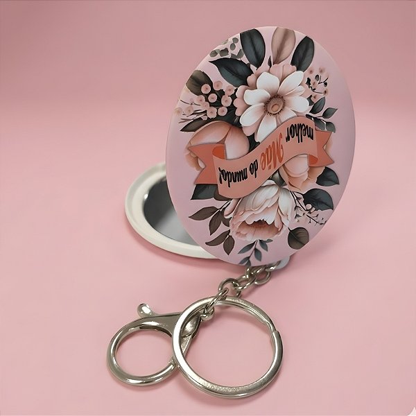 Chaveiro com Mini Espelho Portátil - Salmão - Melhor Mãe do Mundo - 7x7cm - 1 unidade - Rizzo