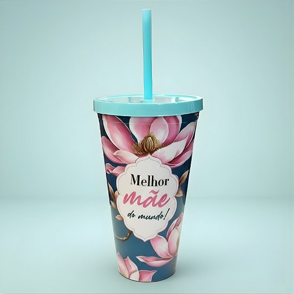 Copo com Canudo e Tampa - Azul - Melhor Mãe do Mundo - 600ml - 1 unidade - Rizzo