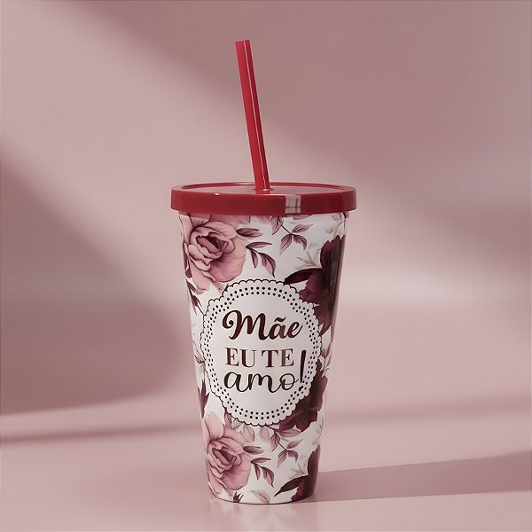 Copo com Canudo e Tampa - Vinho - Mãe Eu Te Amo - 600ml - 1 unidade - Rizzo