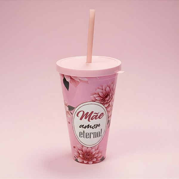 Copo com Canudo e Tampa - Rosa Claro - Mãe Amor Eterno - 600ml - 1 unidade - Rizzo