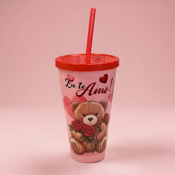 Copo  com Canudo e Tampa - Eu Te Amo  Ursinho - 600ml - 1 unidade - Rizzo