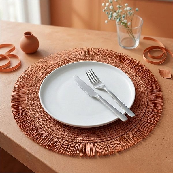 Sousplat Trançado com Franja 39cm - Laranja - Estilo Palha - 1 unidade - Rizzo