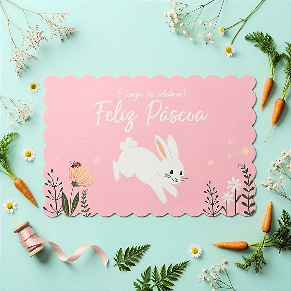 Jogo Americano de Páscoa - Coelho Joaninha - "Feliz Páscoa" - Rosa - 43cm - 1 unidade - Rizzo
