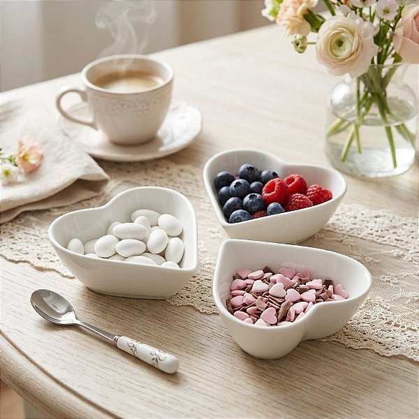 Petisqueira de Porcelana - Coração - Branco - 7,5x7,5cm - 3 unidades - Rizzo