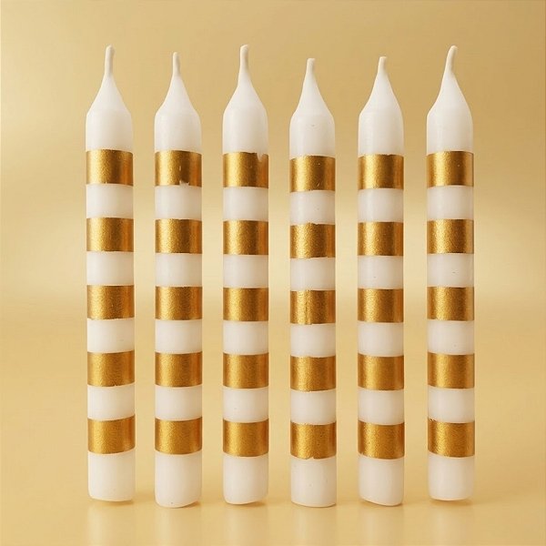 Vela Palito Branco e Ouro - 8cm - 6 unidades - Rizzo