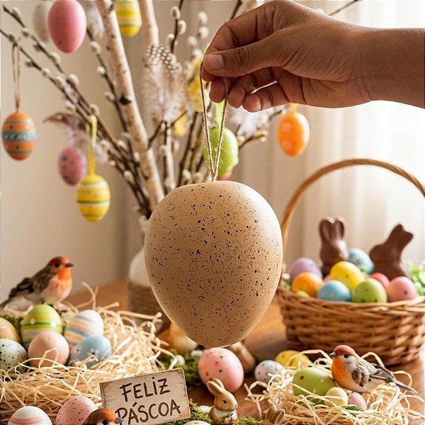 Enfeite Decorativo Para Pendurar - Ovo de Páscoa - Bege - 12cm - 1 unidade - FlorArte - Rizzo