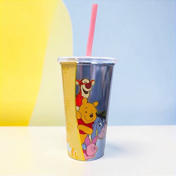 Copo de Plástico com Tampa e Canudo - Ursinho Pooh - Azul - 500ml - Disney Original - 1 unidade - Plasútil - Rizzo