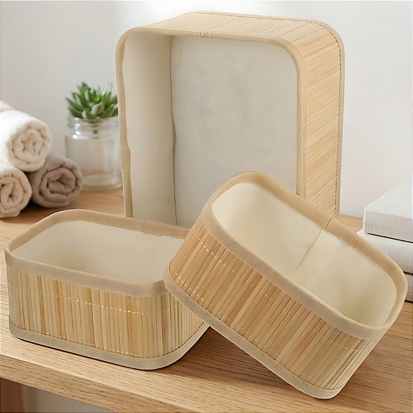 Kit Cesta Decorativa de Bambu com Forro de Tecido - 3 unidades - Rizzo