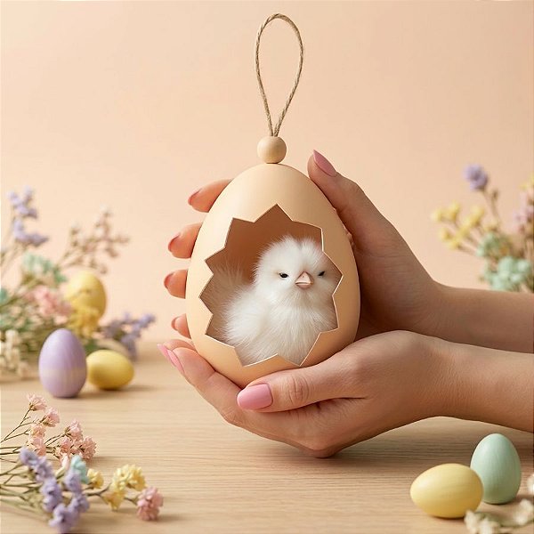 Enfeite Decorativo para Pendurar - Ovo com Pintinho - Branco - 10cm - 1 unidade - Rizzo