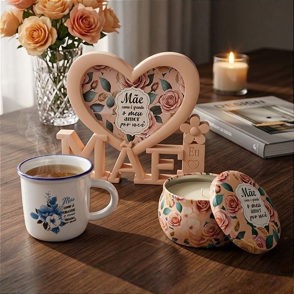 Kit Presenteável Porta Retrato Moldura de Coração, Caneca de Porcelana e Vela Aromática - Mãe Como é Grande o Meu Amor