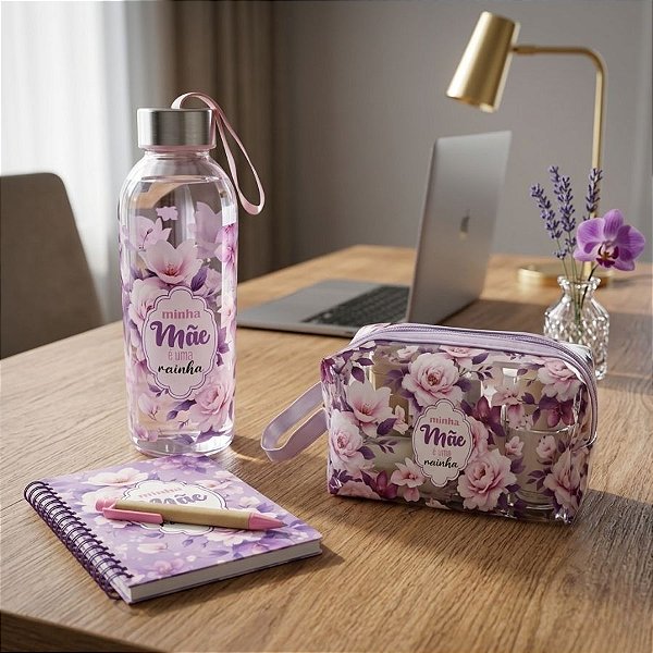 Kit Presenteável Bloco de Anotações com Caneta, Garrafa com Alça e Nécessaire - Minha Mãe é Uma Rainha - 1 unidade - Riz