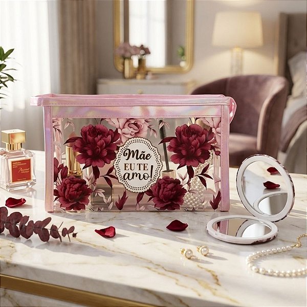 Kit Presenteável Mini Espelho Portátil e Nécessaire - Mãe Eu Te Amo - 1 unidade - Rizzo