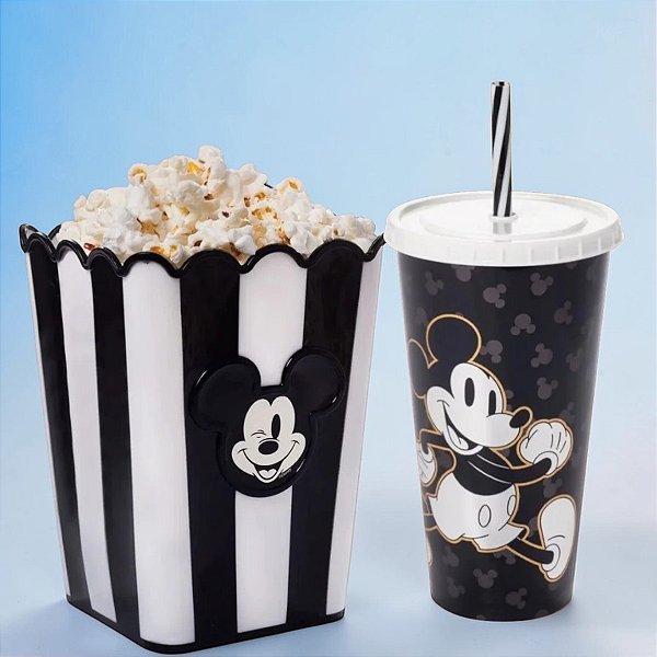 Kit Cinema - Balde de Pipoca e Copo com Canudo - Mickey Dourado e Preto - Disney Original - 1 unidade - Plasútil - Rizzo