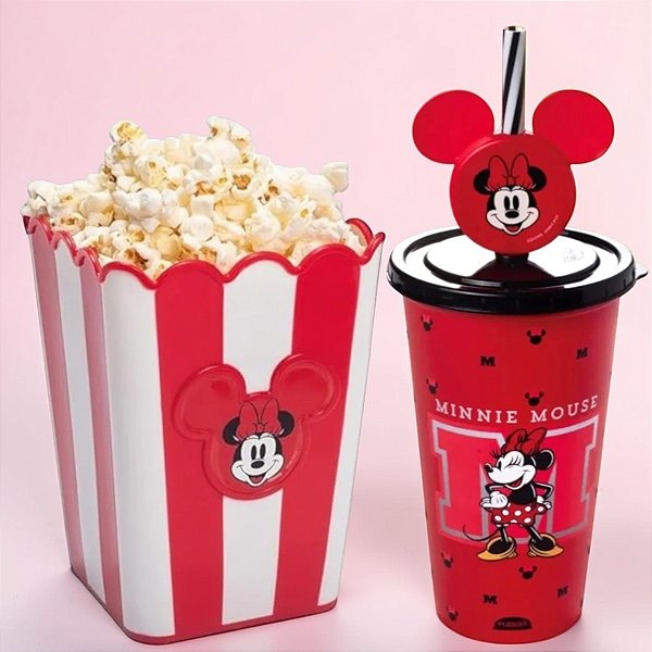 Kit Cinema - Balde de Pipoca e Copo com Canudo - Minnie Mouse Red - Disney Original - 1 unidade - Plasútil - Rizzo