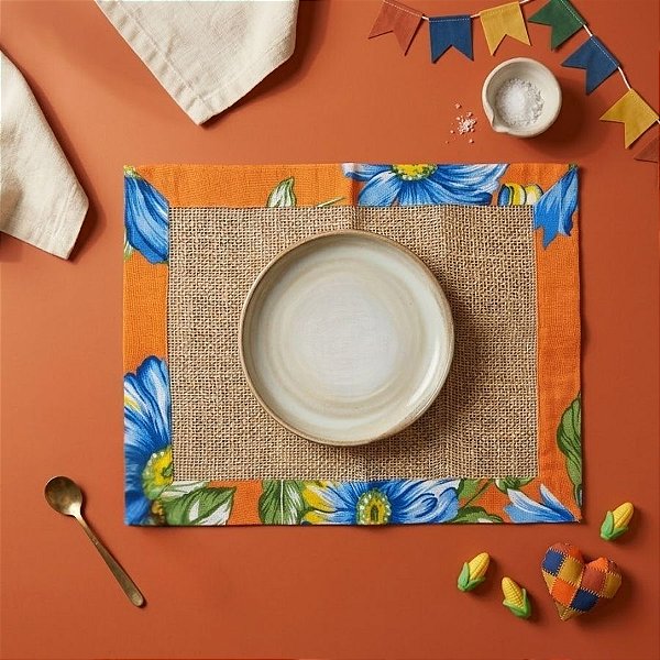 Jogo Americano Junino de Juta - Chita Laranja - 46cm - 1 unidade - Rizzo