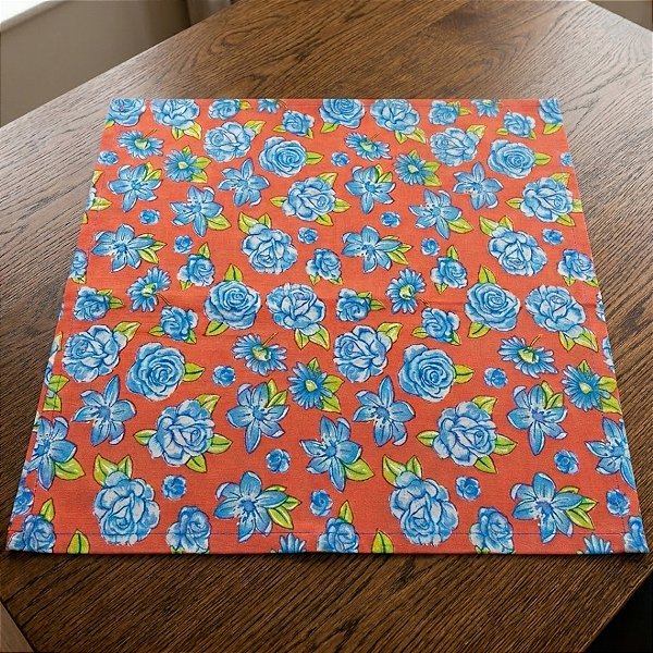 Toalha de Mesa Chita Laranja - Flores Azuis - 70x70cm - 1 unidade - Rizzo