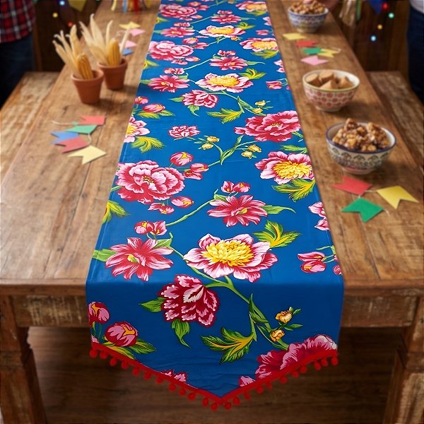 Trilho de Mesa Chita Azul - Flor Rosa - 40x135cm - 1 unidade - Rizzo