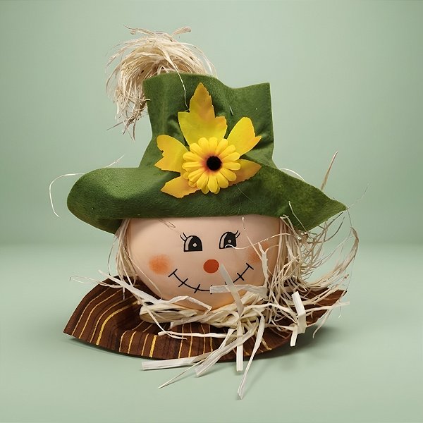 Espantalho Decorativo Para Festa Junina - Cabeça Toca Verde e Gola Marrom - 16x22x5cm - 1 unidade - Rizzo