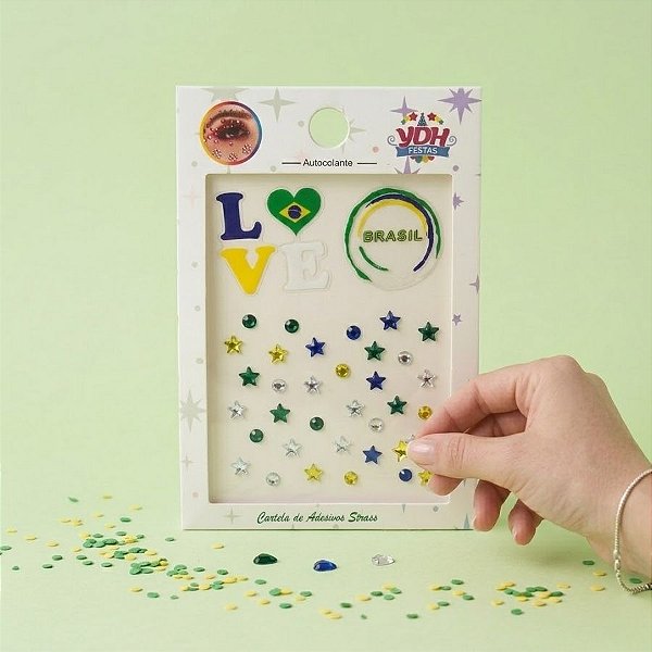 Cartela Adesivo Facial Copa do Mundo Strass - Brasil Love - 1 unidade - Rizzo
