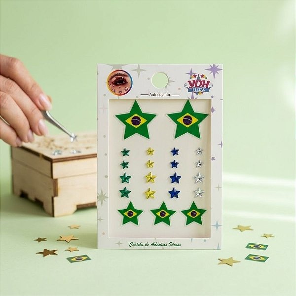 Cartela Adesivo Facial Copa do Mundo Strass - Brasil Estrela - 1 unidade - Rizzo