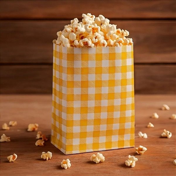 Saquinho de Papel Para Pipoca ou Hot Dog Xadrez - Amarelo - 14cm - 50 unidades - Rizzo