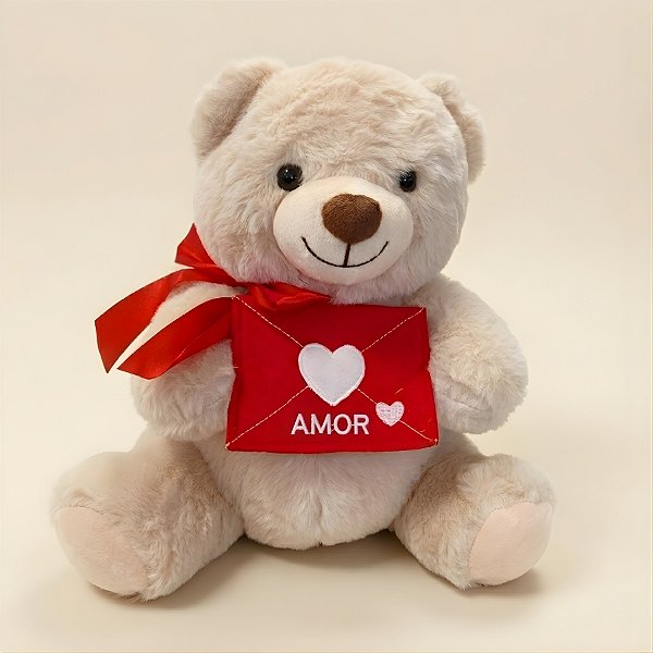 Urso de Pelúcia com Cartinha de Amor - Branco - 23x26x18cm - 1 unidade - Rizzo