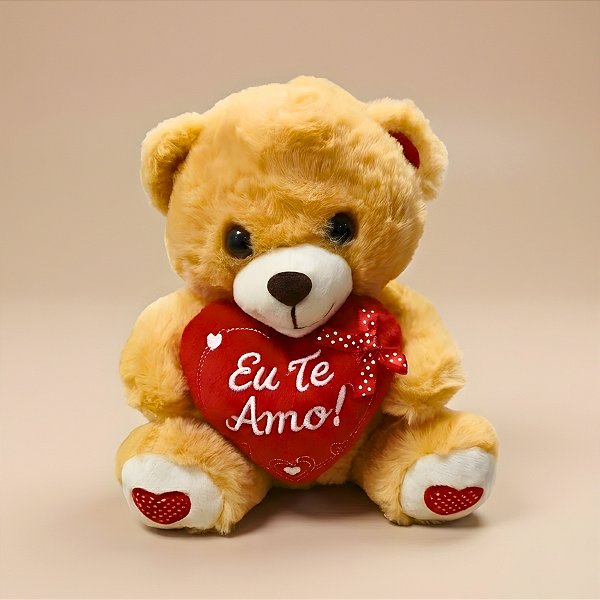Urso de Pelúcia com Coração Decorado - Marrom Claro - 18x23x17cm - 1 unidade - Rizzo