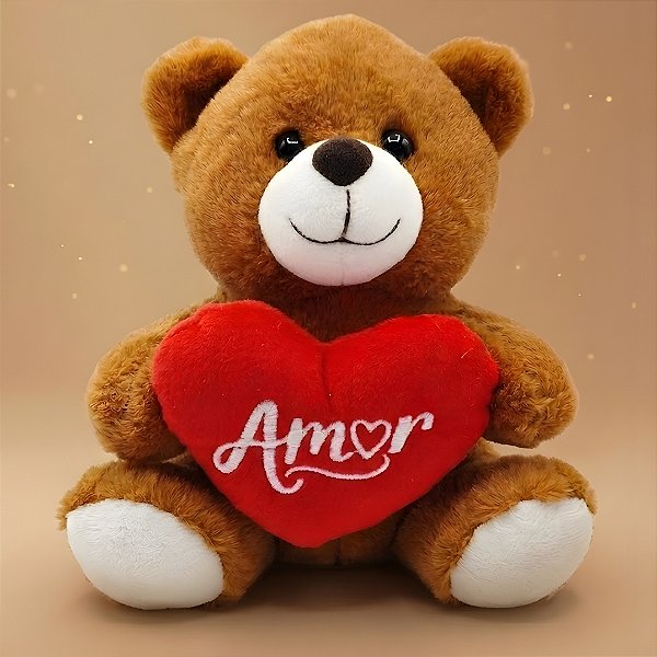 Urso de Pelúcia com Coração Amor - Marrom - 17x21x12cm - 1 unidade - Rizzo