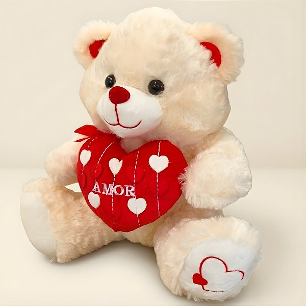 Urso de Pelúcia Branco com Coração - Amor - 34x37x29cm - 1 unidade - Rizzo