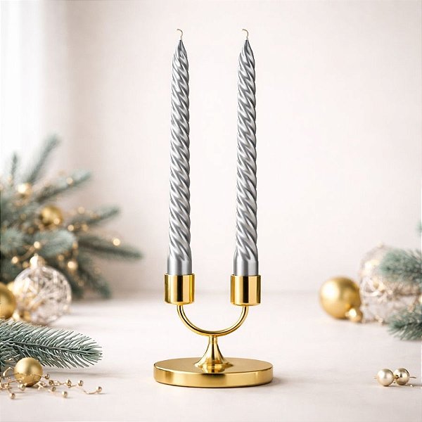 Vela em Espiral Metalizada - Prata - 25cm - 2 unidades - Rizzo