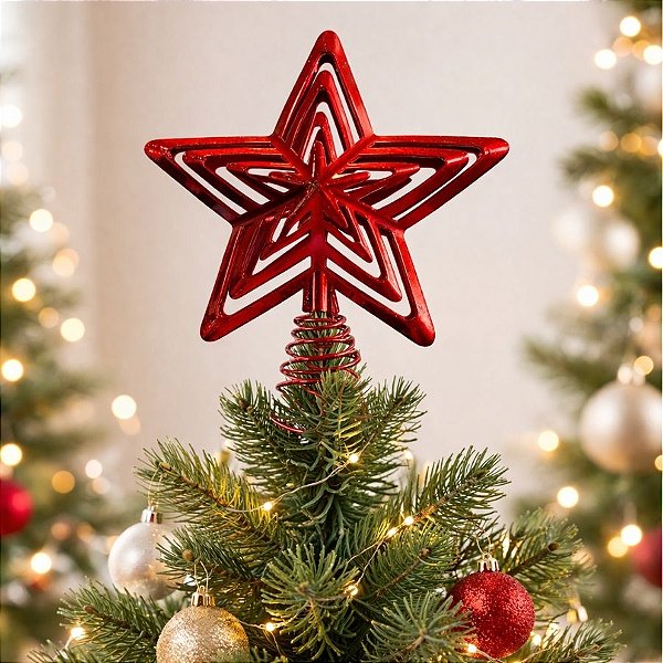 Topo de Árvore - Estrela de Metal - Vermelha - 18x11cm - 1 unidade - Rizzo