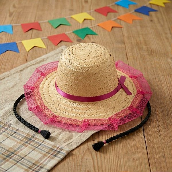Chapéu de Palha de Renda com Trança - Hot Pink - 19x30cm - 1 unidade - Rizzo